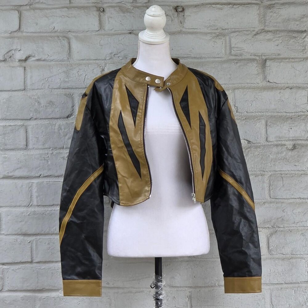 Fashion Nova Speed Racer Olive Cropped Faux Leather Moto Jacket Large - Picture 2 of 7